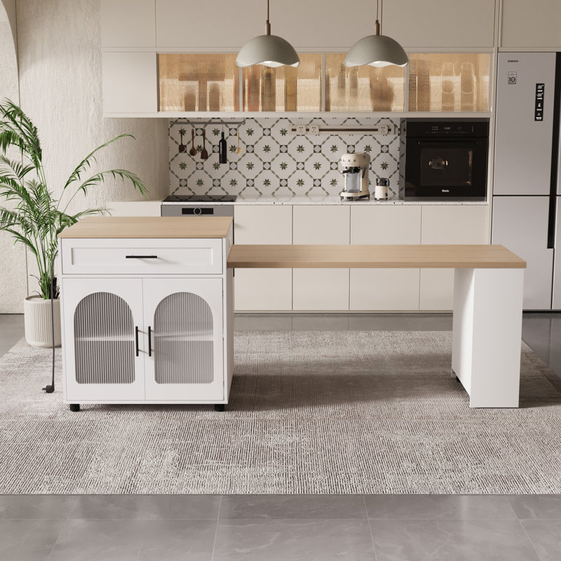 Îlot de cuisine 80,7 po avec table de salle à manger extensible (sans chaises), Blanc