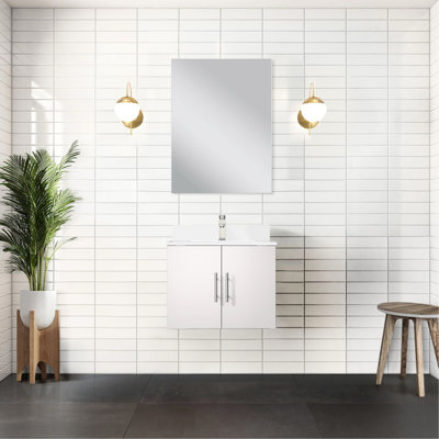 Meuble-lavabo 24 po x 22 po avec comptoir à gratter en quartz et tiroir de rangement blanc brillant inclus avec miroir - 24 po x 22 po