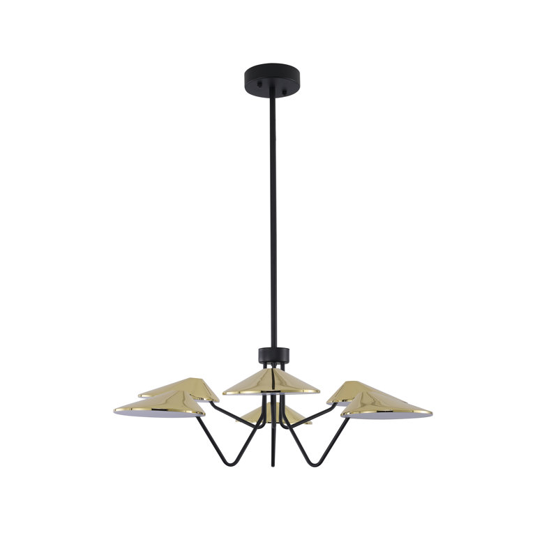 Lustre 6 lumières en fer noir et laiton brillant avec abat-jour en acrylique blanc