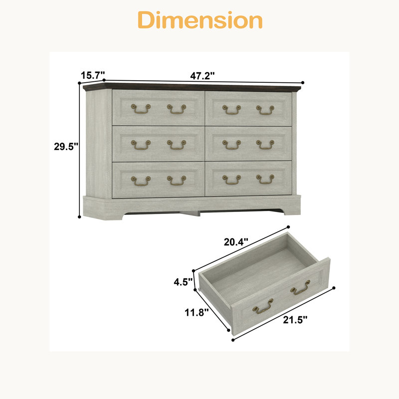 Commode 6 tiroirs Farmhouse, commode en bois rustique avec poignées en métal, large meuble télé avec commode pour la chambre
