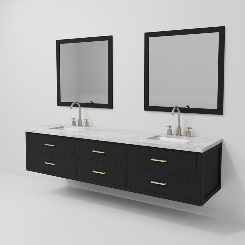 Ensemble de meuble-lavabo double 84 po avec miroir, Noir, Marbre de Carrare blanc