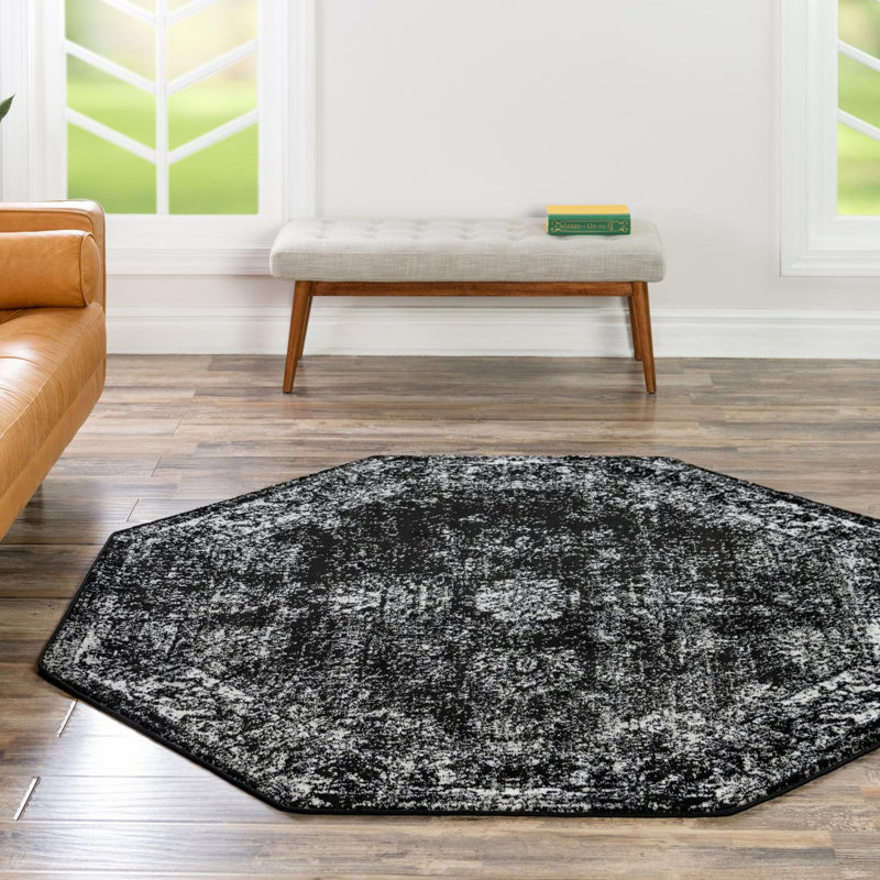 Brandt Floral Area Rug, Octagon 4'1" x 4'1", No, Black