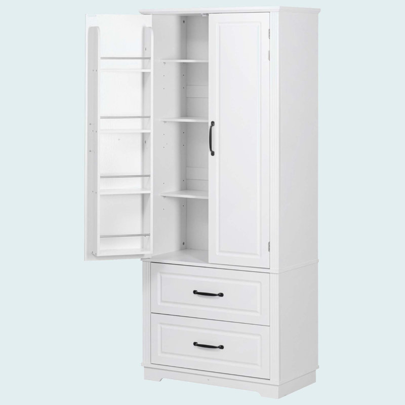 71" Farmhouse Kitchen Pantry Cabinet With 2 Large Drawers, White
