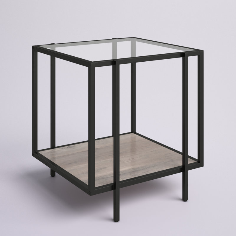 Vireo Glass Top End Table, Blackened Bronze/Gray Oak