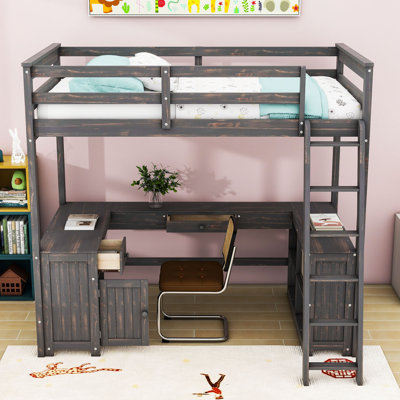 Lit mezzanine 2 tiroirs avec bureau en U, tablettes, armoire et garde-corps
