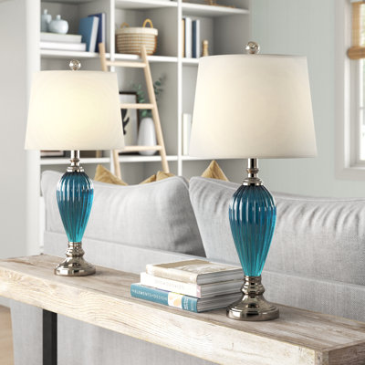 Rynar 25 in. Blue Nickel Coastal Glass Metal For Bedroom/Living Room Bedside Desk Nightstand Table Lamps With Linen Drum Shape