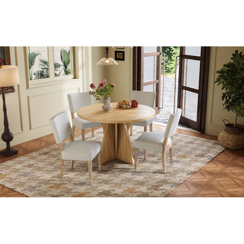 Table de salle à manger 5 pièces avec 4 chaises rembourrées, Bois naturel délavé, Bois naturel délavé
