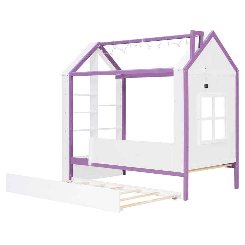 Cadre de lit cabane pour une personne avec lit gigogne, étagères de rangement à l'arrière et éclairage DEL, Twin, Mauve