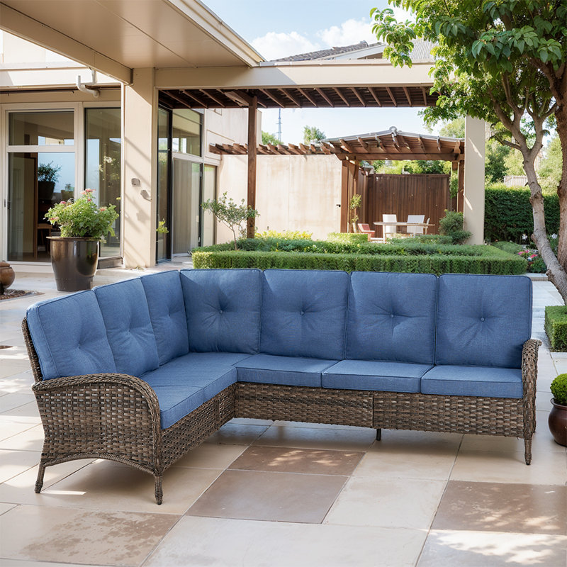 Canapé modulaire d'extérieur en rotin avec coussins 90,3 po Gaetanino, Bleu