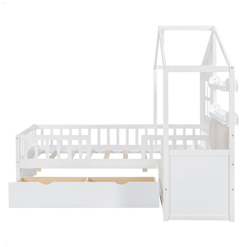 Lit House avec canapé, lit plateforme pour enfants avec deux tiroirs et tablette de rangement, Blanc