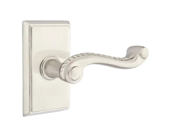 Mortaise intérieure Emtek avec rosette rectangulaire et levier à corde, Gauche, Nickel satiné