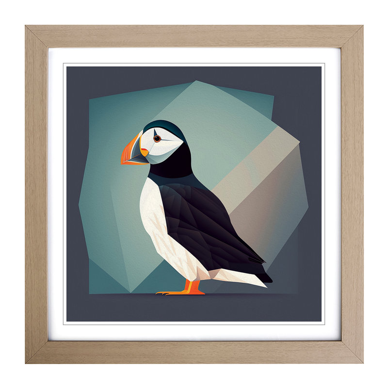Puffin Minimalism - Single Picture Frame Print on Wood, Oak