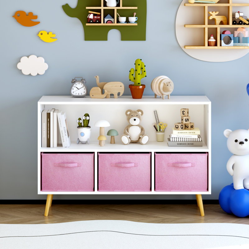 Bibliothèque avec tiroirs pliables en tissu, Blanc / Rose