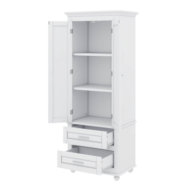 Tall Storage Cabinet, High-Quality Painted MDF, 3-Tier Upper Cabinet + 2 Drawers, Adjustable Shelf, White