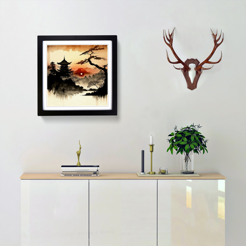 Japanese Sunset Ink Wash - Framed Print, Black