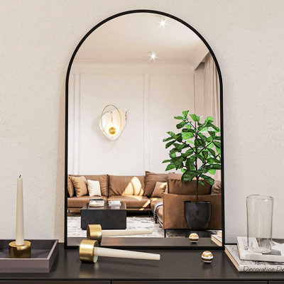Miroir mural arqué 24 x 36 pouces noir pour décoration de salle de bain - verre transparent de 4 mm, cadre en aluminium rouillé, installation renforcée et suspension avec quincaillerie manuelle