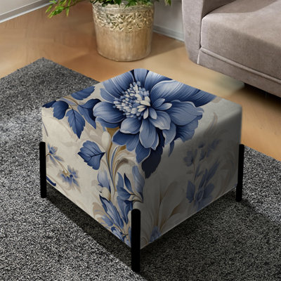 Victorien bleu et blanc fleurs damassées IV - Repose-pieds damassé carré