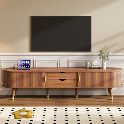 74.8" Mid-Century Wooden Oval Fluted TV Stand With Charging Station And 2 Drawers For TV Up To 80" by George Oliver