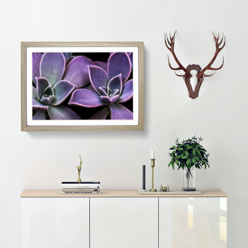 Lilac & Green Succulent Plant - Picture Frame Painting Print, 27cm H x 36cm W x 2cm D, Oak Framed
