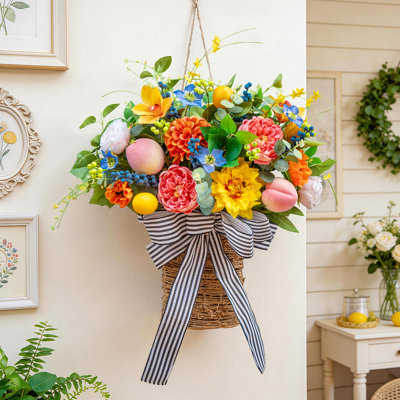 Ensemble de 2 paniers de crochets de pivoines et d'hortensias artificiels avec citrons décoratifs, pêche et bleuets pour porche, entrée et décoration murale