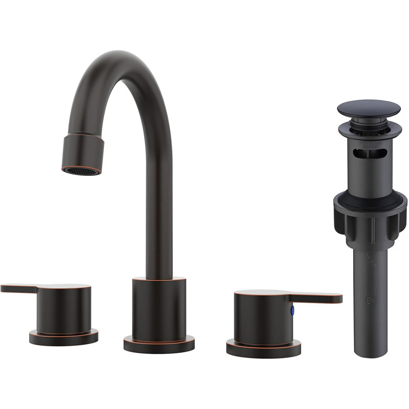 Widespread Bathroom Sink Faucet Oil Rubbed Bronze 2 Handle 8 Inch Lavatory Faucet 3 Hole 360° Swivel Spout Vanity Sink Basin Faucets With Pop Up Drain Assembly