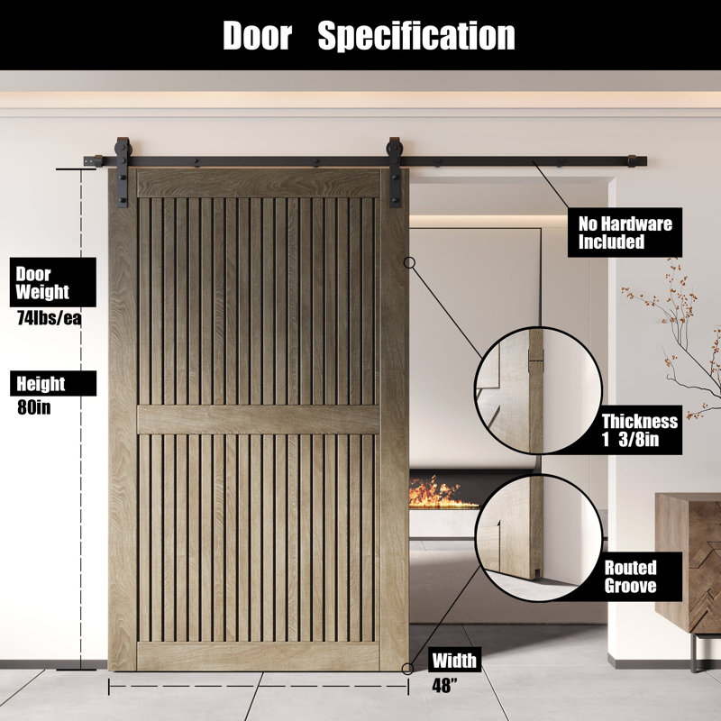 Porte de grange en bois de pin à rayures verticales Homacer, 48 po x 80 po