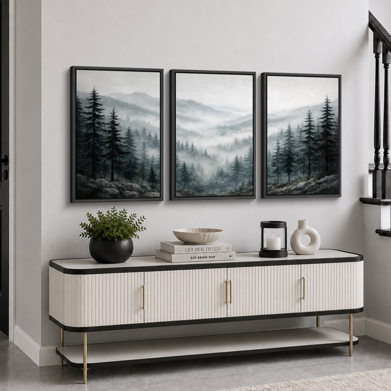 Misty Pine Mountain Landscape, 24" H x 48" W x 1.5" D, Black Frame