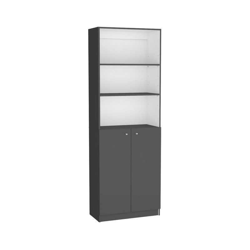 Bibliothèque Home 2 portes, unité de rangement moderne avec portes doubles et tablettes à plusieurs niveaux - Gris mat / blanc - Bureau