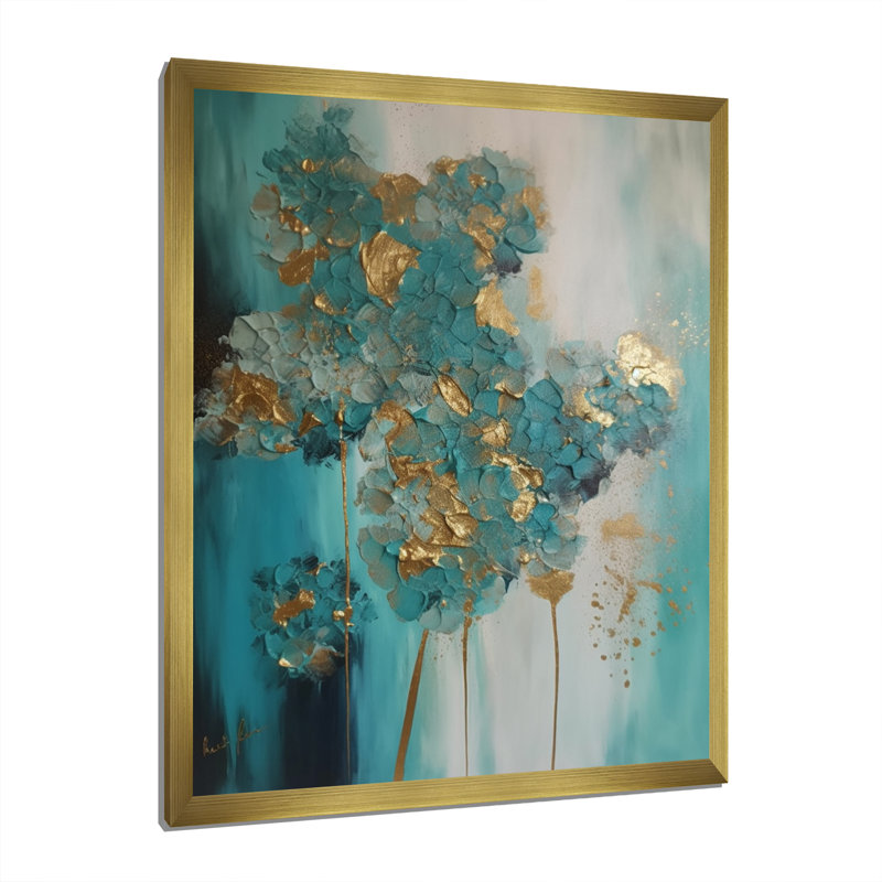 Hortensia fleur floraison rétro or bleu sarcelle - art mural hortensia, H 44 po x l 34 po x P 1,5 po, Cadre doré simple