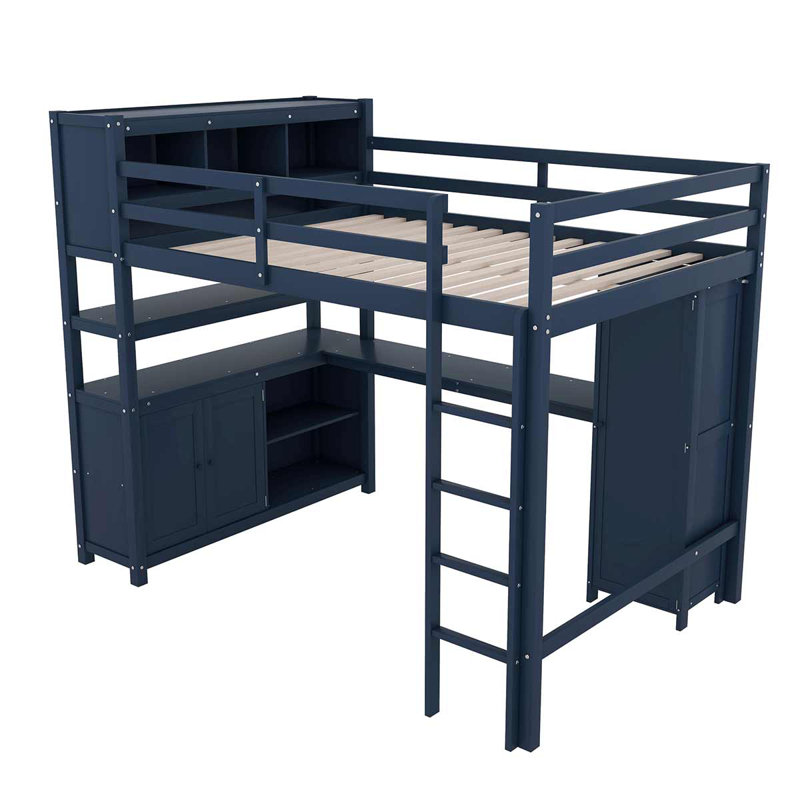 Loft double en bois avec garde-robe et bureau pour enfants, Bleu très foncé