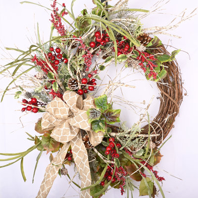 26'' Faux Winter Christmas Berry Pinecone Front Door Wreath