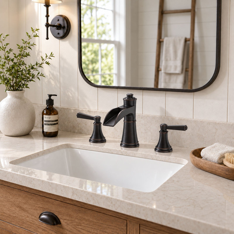 Waterfall 8 In. Widespread Double-Handle Bathroom Faucet Set 3-Holes Vanity Sink With Metal Drain, Oil Rubbed Bronze