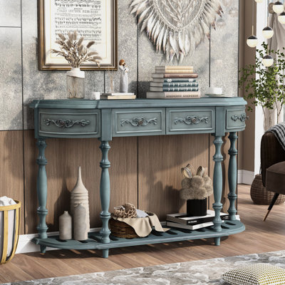 Console moderne avec tablette et tiroirs, 1 tiroir 4 tablettes, bleu antique, bois massif pour le salon, finition bleue, fabrication