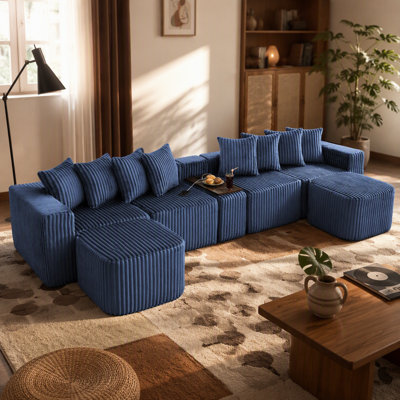 Canapé modulaire en U avec charge USB et sans fil, table basse mobile, porte-gobelets et conception sans assemblage pour des espaces de vie flexibles.