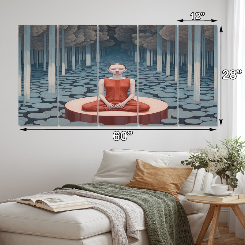 «Mindfulness Woman In Red Meditating In The Forest», reproduction sur toile - 5 panneaux égaux