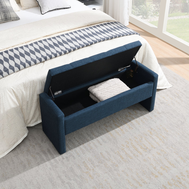 Banc de rangement moderne avec rangement, grand tabouret de repose-pieds rembourré, banc de meuble-lavabo pour fenêtre confortable pour salon, chambre à coucher, dortoir, table basse, lin bleu marine