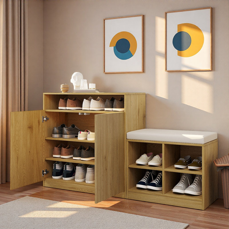 Élégante armoire à chaussures avec 2 portes, 3 tablettes réglables à 3 niveaux, un espace ouvert, des crochets, un banc à chaussures avec 4 étagères à chaussures ouvertes et un coussin amovible