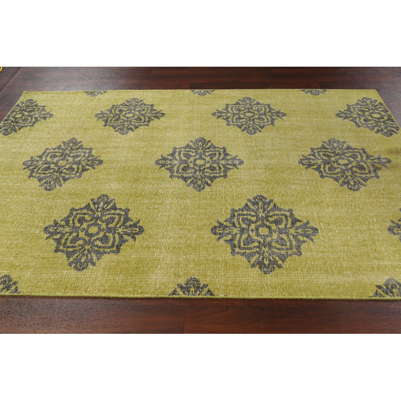 Tapis vert en laine noué à la main de conception unique 5 pi 8 po x 8 pi 9 po