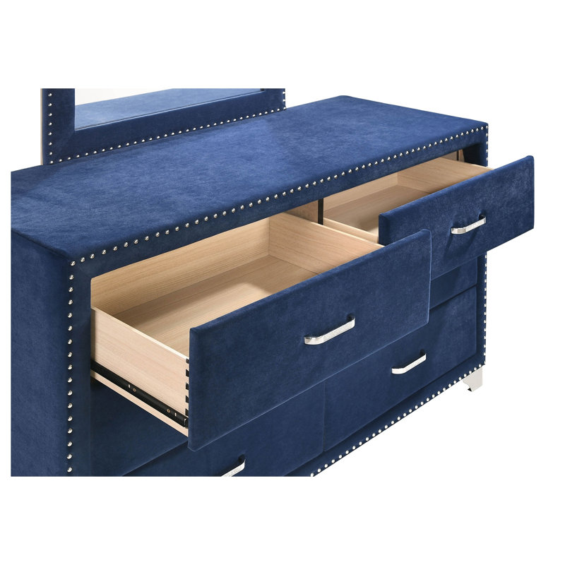 Ensemble de chambre à coucher 3 pièces Harmony Pacific Blue Queen avec lit à oreilles rembourré, commode et table de chevet
