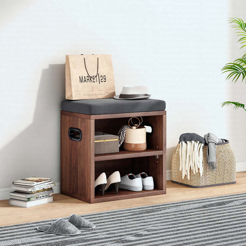 Small Shoe Bench For Entryway With Cushion, Storage Seat Entryway Shoe Rack, Walnut/Black