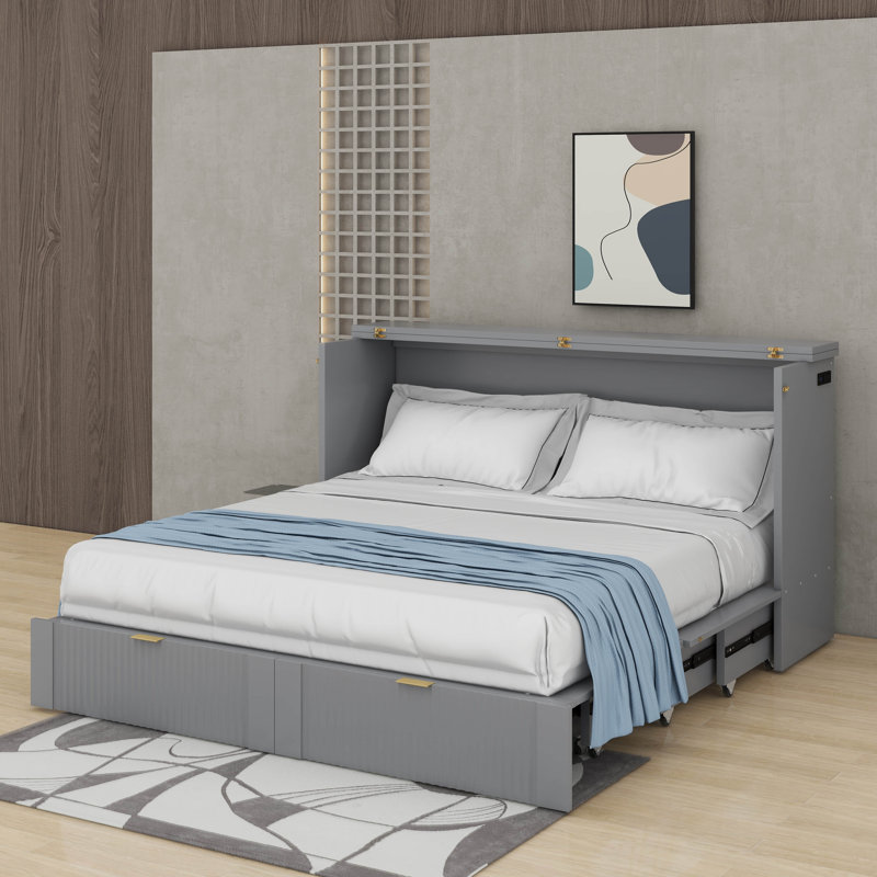 Grand lit escamotable avec tiroir et un ensemble de prises et de ports USB, gris