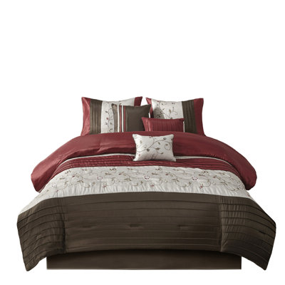 Édredon 7 pièces pour grand lit rouge - broderie de style transitionnel 100% rembourrage comprenant un édredon, des taies décoratives, des oreillers, une jupe de lit et des détails élégants