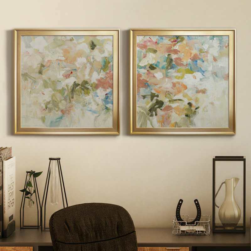 Floral Blush II - Décoration murale Fleurs de fard à joues, encadrée sous verre acrylique, ensemble de 2, pour salon et salle à manger