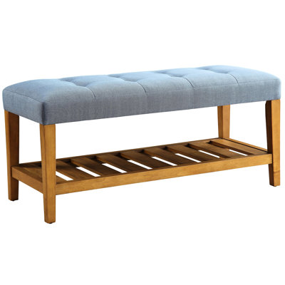 Banc rembourré bleu avec placage de chêne et coussin pratique de style traditionnel