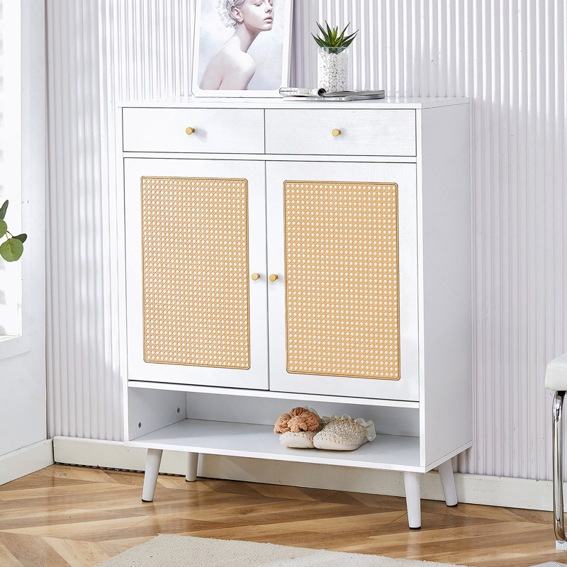 Quiana Accent Cabinet,Modern Rattan Shoe Cabinet ,Storage Cabinet With Doors And Shelves, White