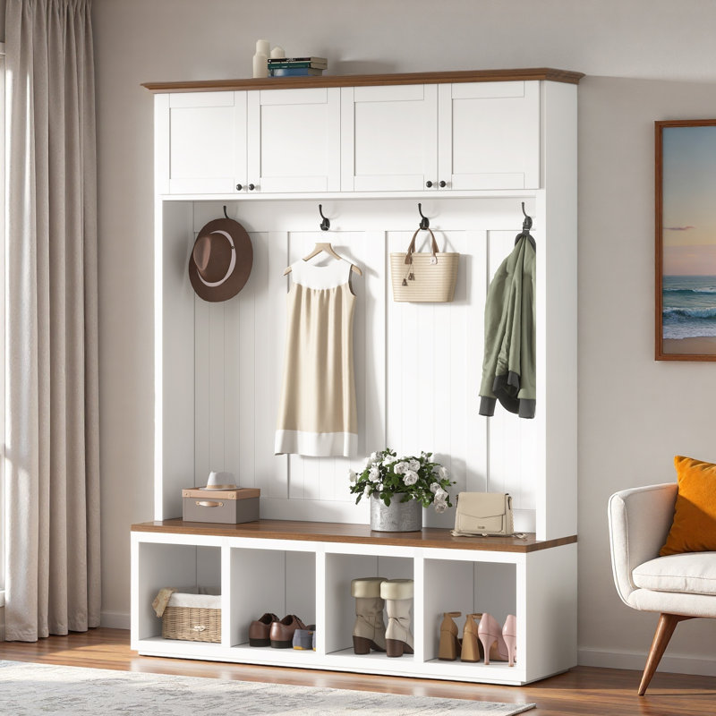 Farmhouse Hall Tree With Bench, 4 Cabinets, 4 Open Compartments And Coat Racks, White