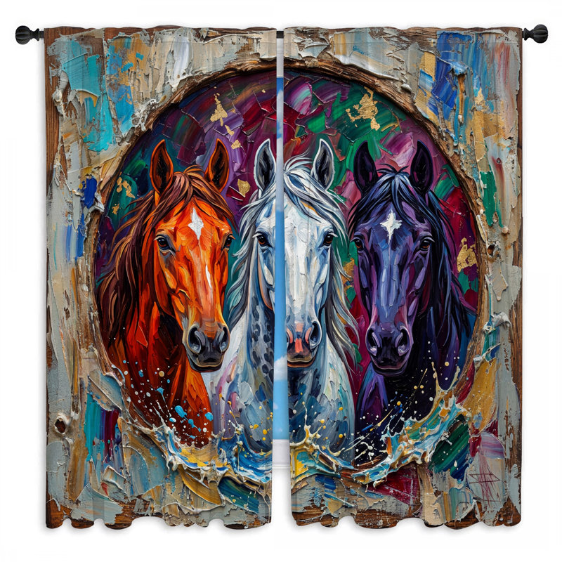 Trois rideaux de fenêtre colorés Chevaux obscurcissant et obscurcissant - 2 panneaux, 40in x 61in - 2 panels, Sheer