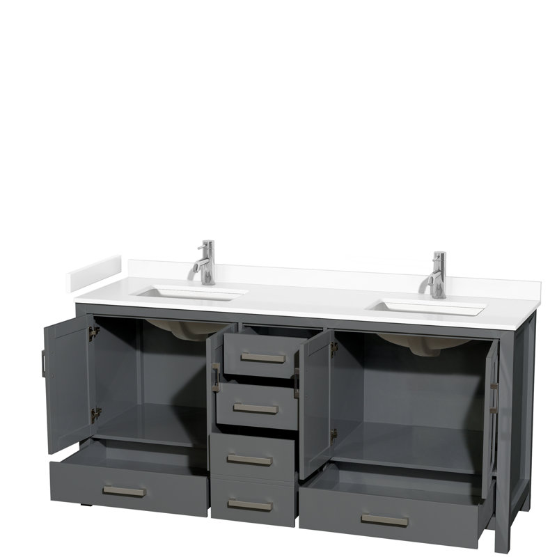 Sheffield 72" Double Bathroom Vanity Set, White Cultured Marble, Dark Gray