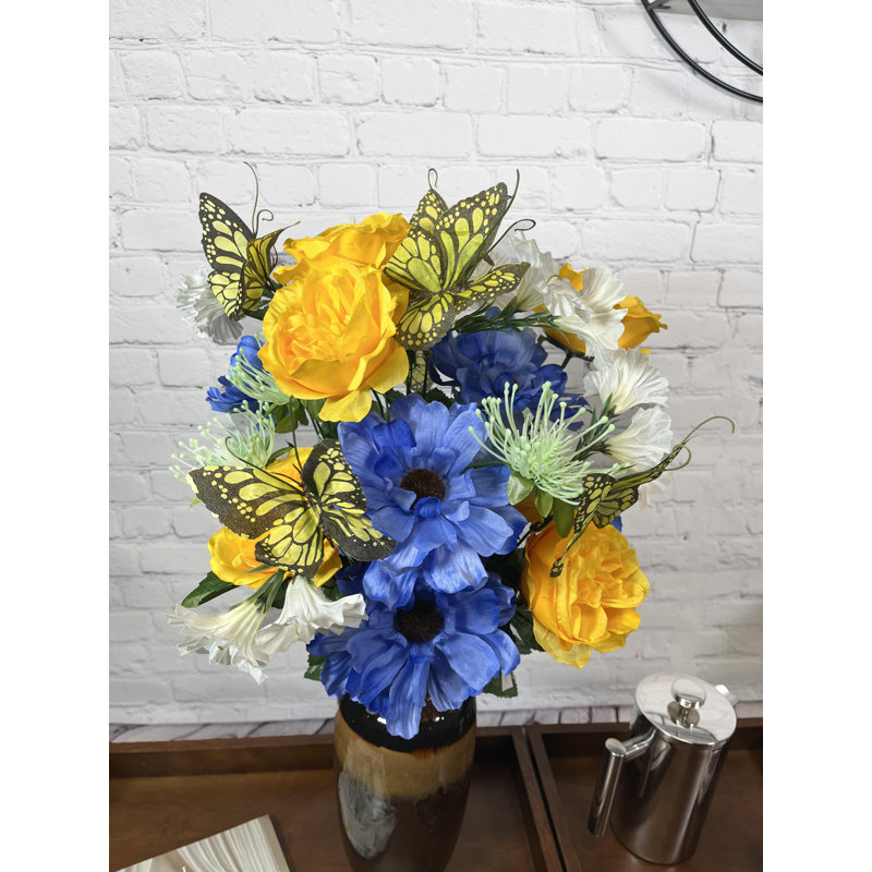 Arrangement floral roses artificielles, Jaune / Bleu / Crème