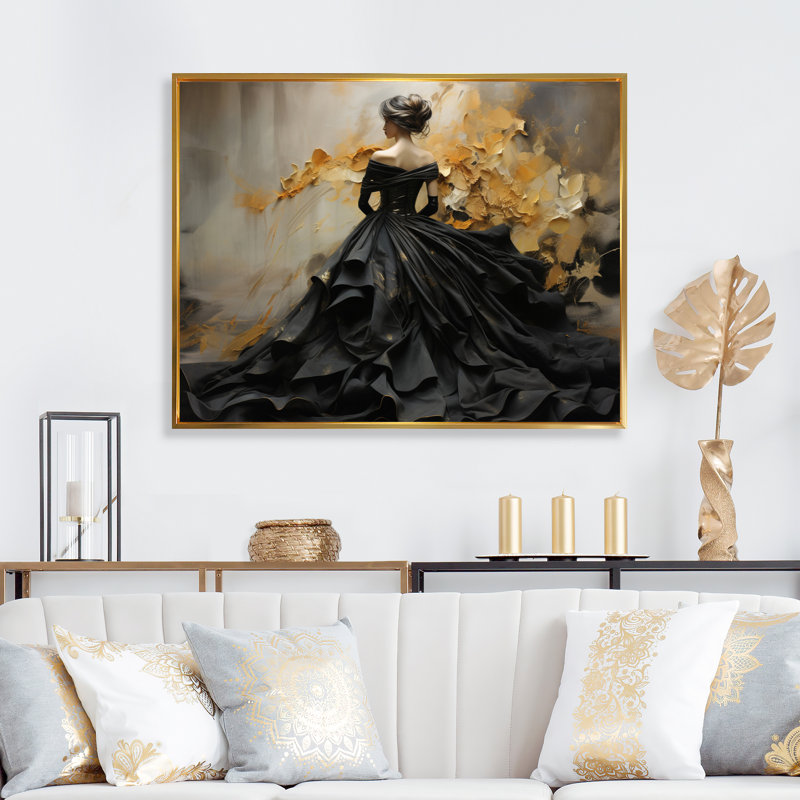 «Fashion Elegance Unveile Gold» - Art mural mode, H 34 po x l 44 po, Doré, Reproduction avec cadre flottant